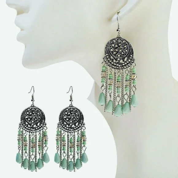 Aqua Light Green w/ Silver Filigree Drop Earrings 3 5/8" Boho/Gypsy NWT Perfect - Picture 3 of 3